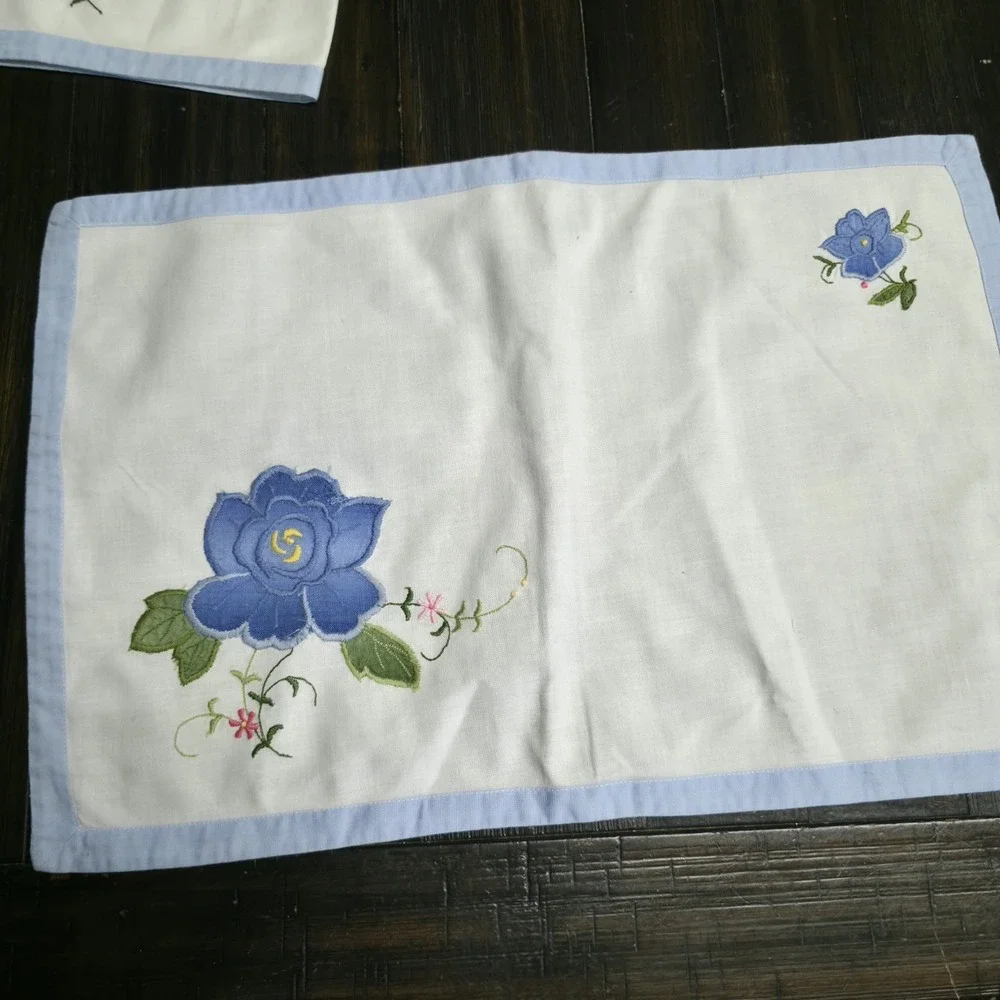 MCM Hand Embroidered Blue Rose Placemats Cotton Linen Table Linens Set of 7